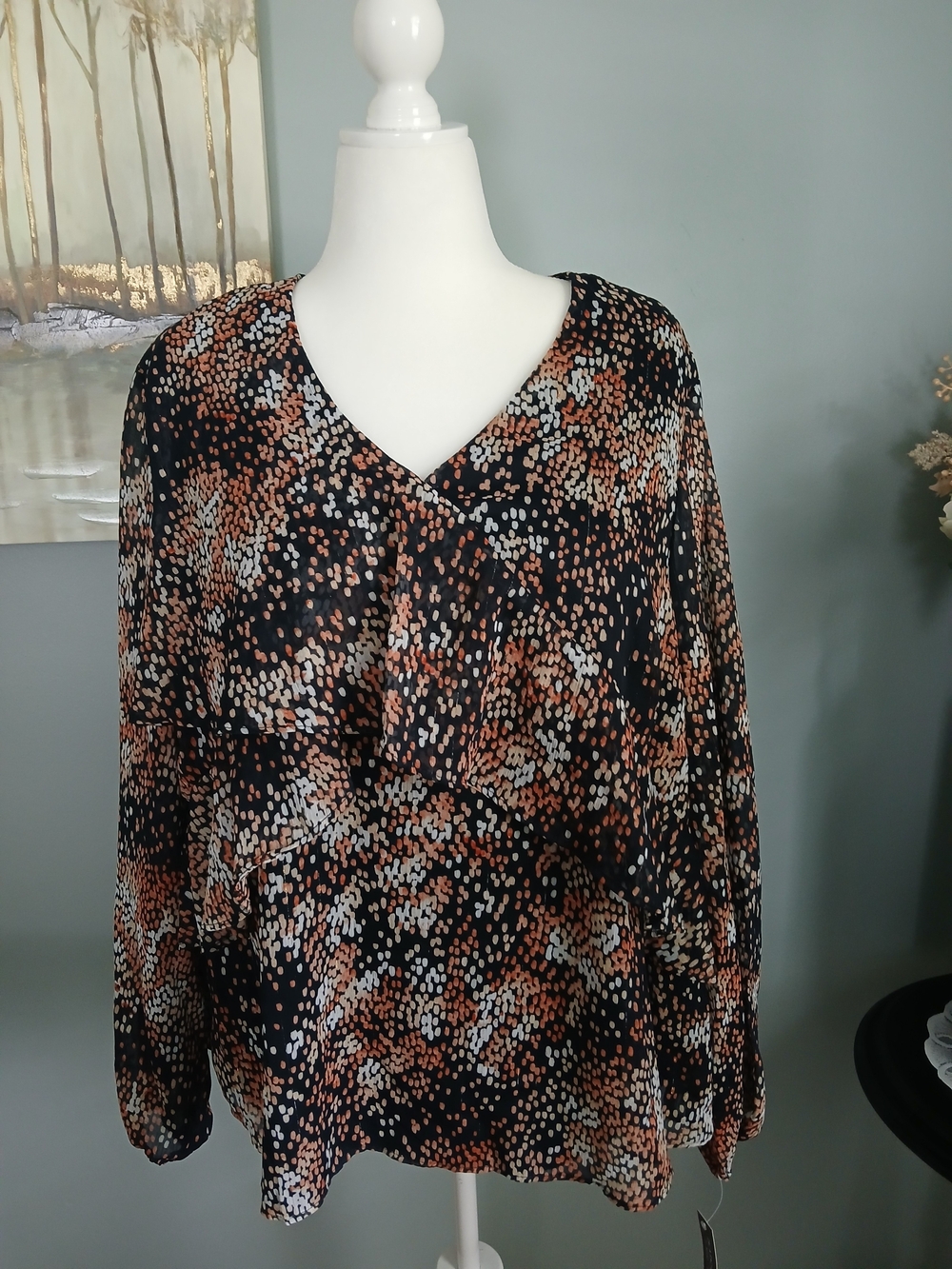 Zac & Rachel Black V-Neck Long Sleeve Blouse with Rust & Cream Dot Print